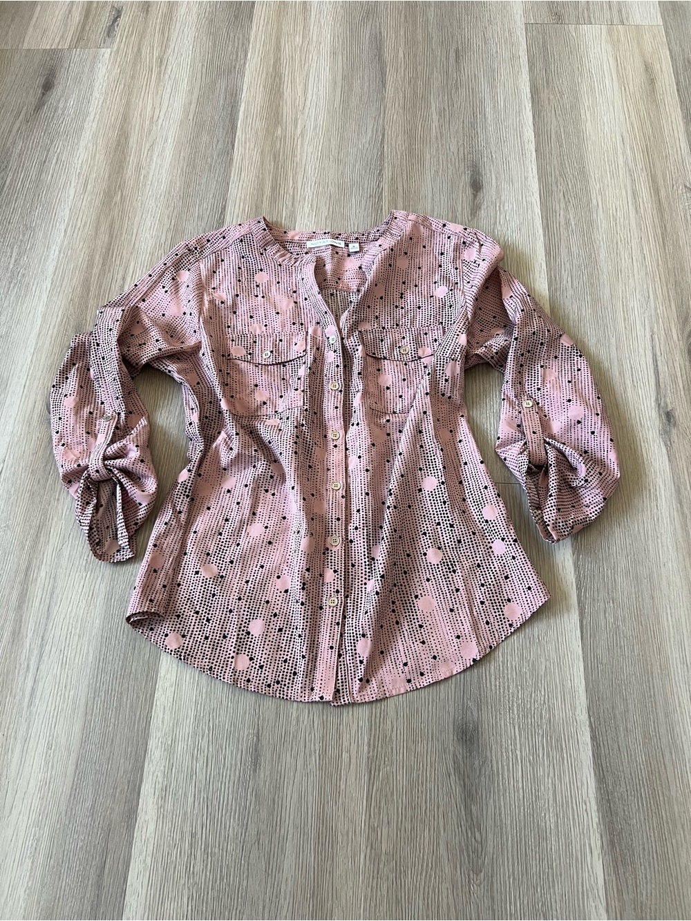 Notations Pink Button-Front Blouse with Dot & Grid Print